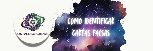Banner do artigo Como identificar cartas Pokémon falsas, com o logo da Universo Cards e ilustração de fundo estelar