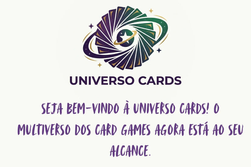 Banner de inauguração da Universo Cards, loja online de TCG no Brasil, com ilustração de fundo estelar