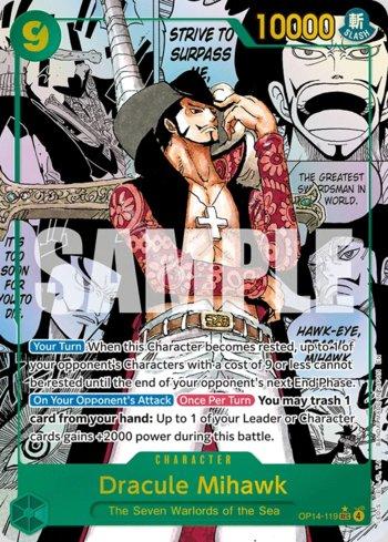 Carta One Piece Dracule Mihawk (OP14-119) Manga de The Azure Sea's Seven em condição Near Mint (NM), original e autêntica - imagem ilustrativa - Universo Cards