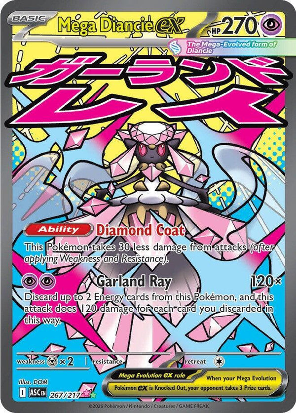 Carta Pokémon Ascended Heroes Mega Diancie ex (ASC267) em condição Near Mint (NM), original e autêntica — imagem ilustrativa — Universo Cards