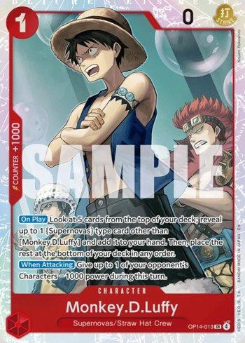 Carta One Piece The Azure Sea's Seven Monkey.D.Luffy (OP14-013) em condição Near Mint (NM), original e autêntica — imagem ilustrativa — Universo Cards