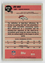 Verso do card Bo Nix 91TF-31, Denver Broncos, Topps Flagship Football 2026