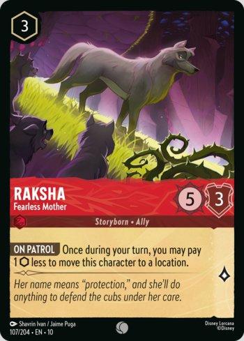 Carta Lorcana Raksha, Fearless Mother 107/204 da coleção Whispers in the Well, Disney Lorcana TCG, em inglês
