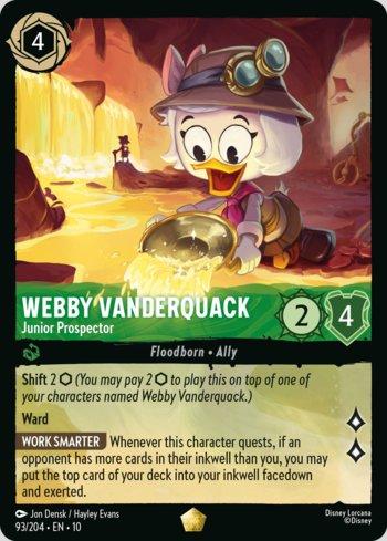 Carta Lorcana Webby Vanderquack, Junior Prospector 93/204 da coleção Whispers in the Well, Disney Lorcana TCG, em inglês
